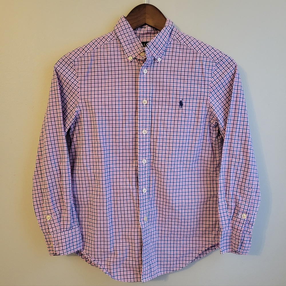 Ralph Lauren Boys Formal Cotton Poplin Pink/Navy Button Down Shirt, M/ 8-10